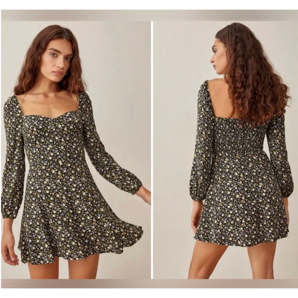 Reformation Remi Mini Dress Green Floral Open Back Long Sleeve Size 4